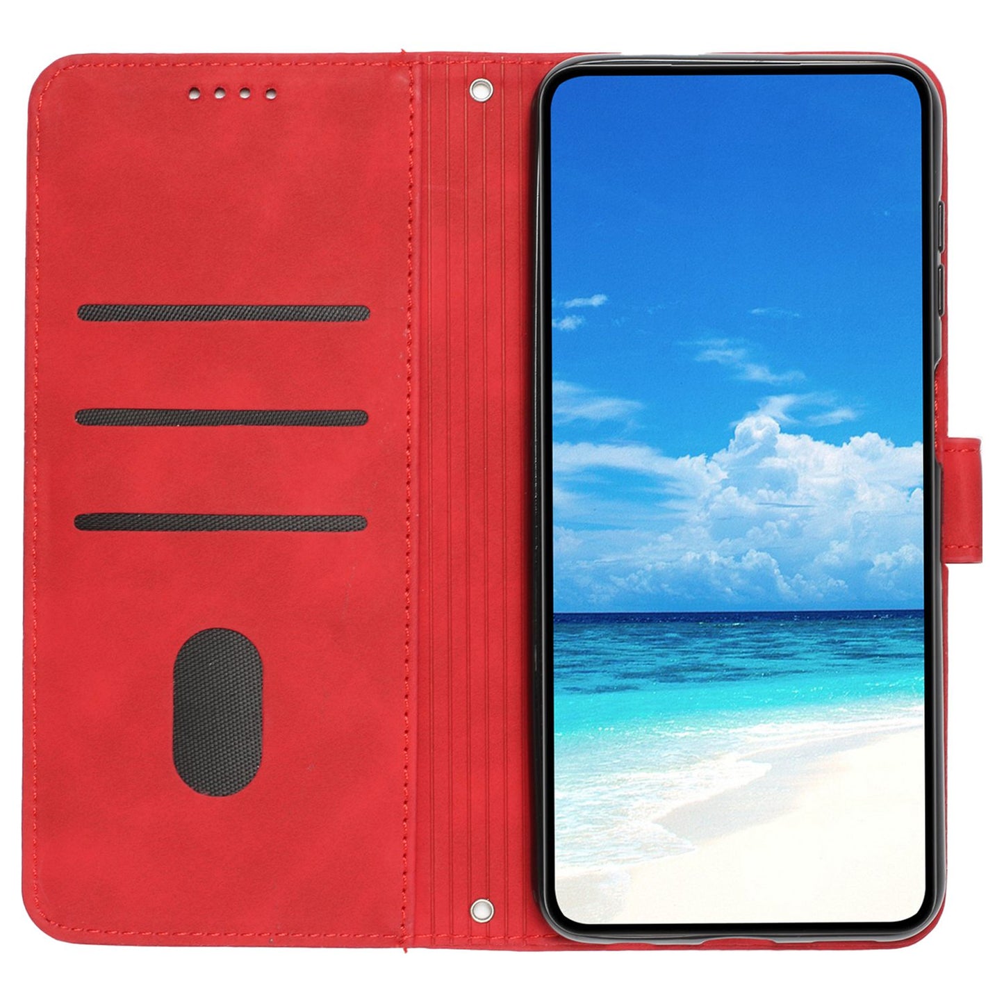 For iPhone 13 Pro 6.1 inch Heart Shape Imprinted Skin-touch Feeling Case PU Leather Wallet Viewing Stand Phone Shell with Strap