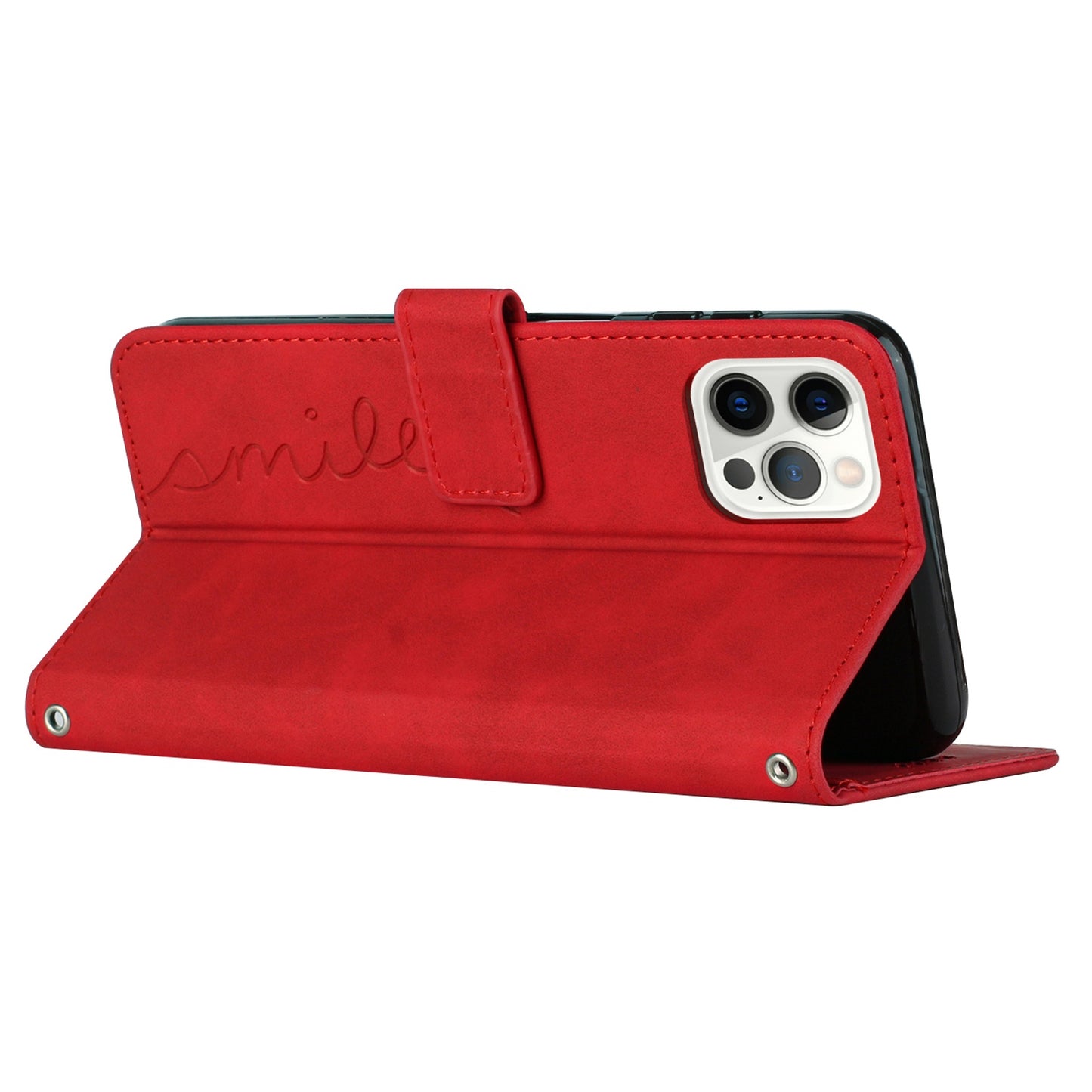 For iPhone 13 Pro 6.1 inch Heart Shape Imprinted Skin-touch Feeling Case PU Leather Wallet Viewing Stand Phone Shell with Strap