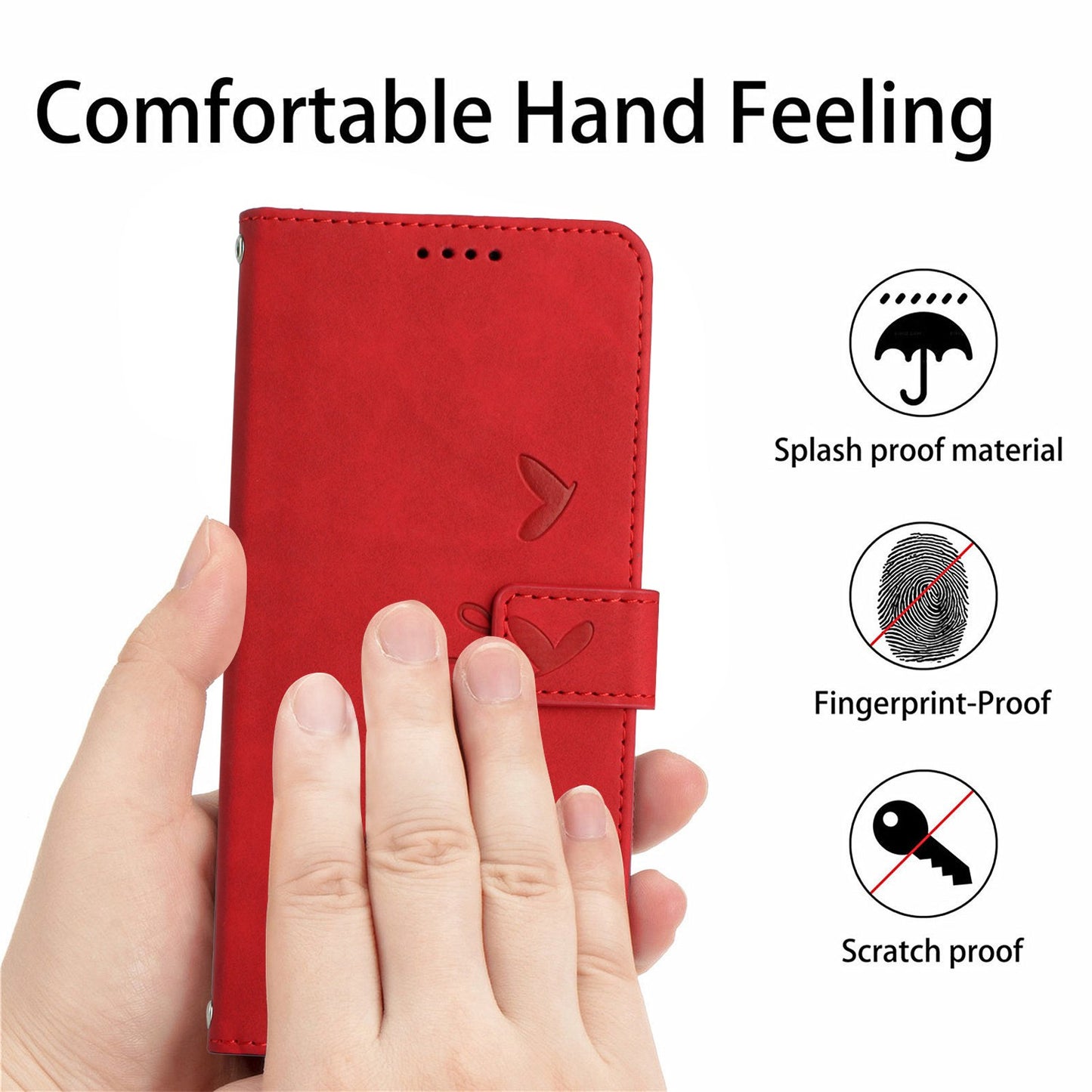 For iPhone 13 Pro 6.1 inch Heart Shape Imprinted Skin-touch Feeling Case PU Leather Wallet Viewing Stand Phone Shell with Strap