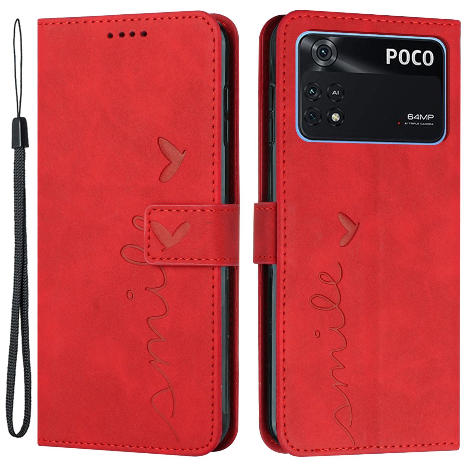 For Xiaomi Poco M4 Pro 4G Heart Shape Imprinted Anti-drop Handy Strap Design Case Skin-touch Feeling PU Leather Wallet Magnetic Phone Shell with Stand