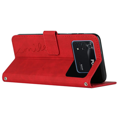 For Xiaomi Poco M4 Pro 4G Heart Shape Imprinted Anti-drop Handy Strap Design Case Skin-touch Feeling PU Leather Wallet Magnetic Phone Shell with Stand