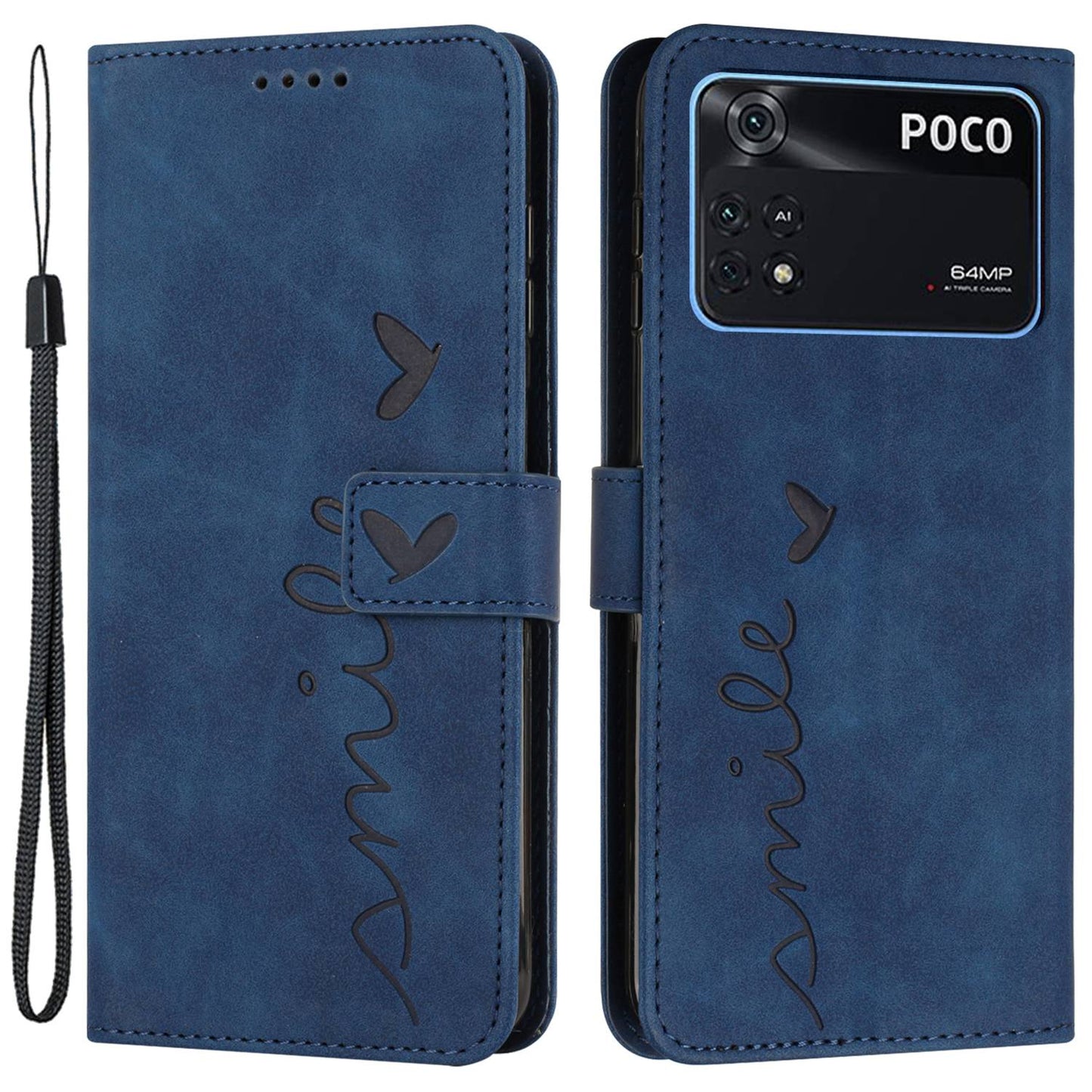 For Xiaomi Poco M4 Pro 4G Heart Shape Imprinted Anti-drop Handy Strap Design Case Skin-touch Feeling PU Leather Wallet Magnetic Phone Shell with Stand