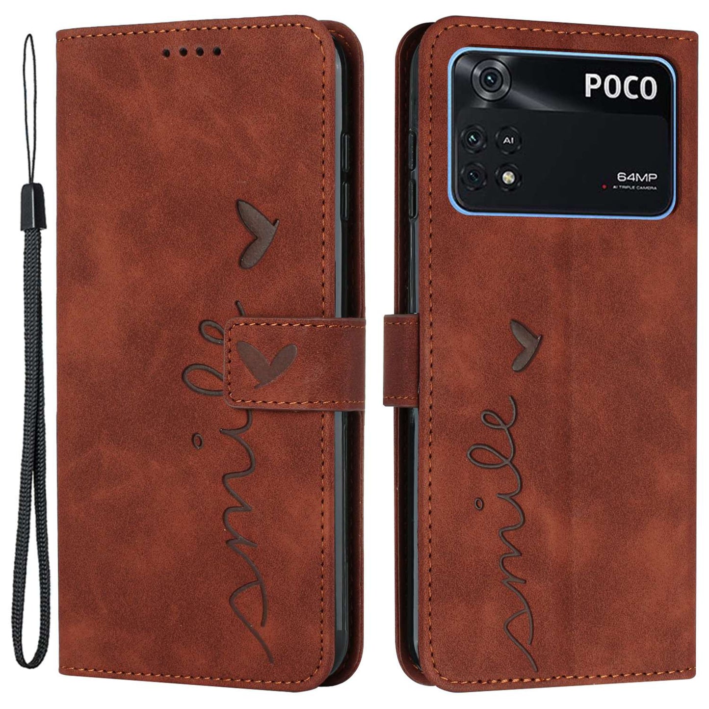 For Xiaomi Poco M4 Pro 4G Heart Shape Imprinted Anti-drop Handy Strap Design Case Skin-touch Feeling PU Leather Wallet Magnetic Phone Shell with Stand