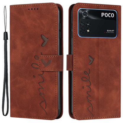 For Xiaomi Poco M4 Pro 4G Heart Shape Imprinted Anti-drop Handy Strap Design Case Skin-touch Feeling PU Leather Wallet Magnetic Phone Shell with Stand