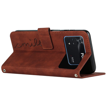 For Xiaomi Poco M4 Pro 4G Heart Shape Imprinted Anti-drop Handy Strap Design Case Skin-touch Feeling PU Leather Wallet Magnetic Phone Shell with Stand