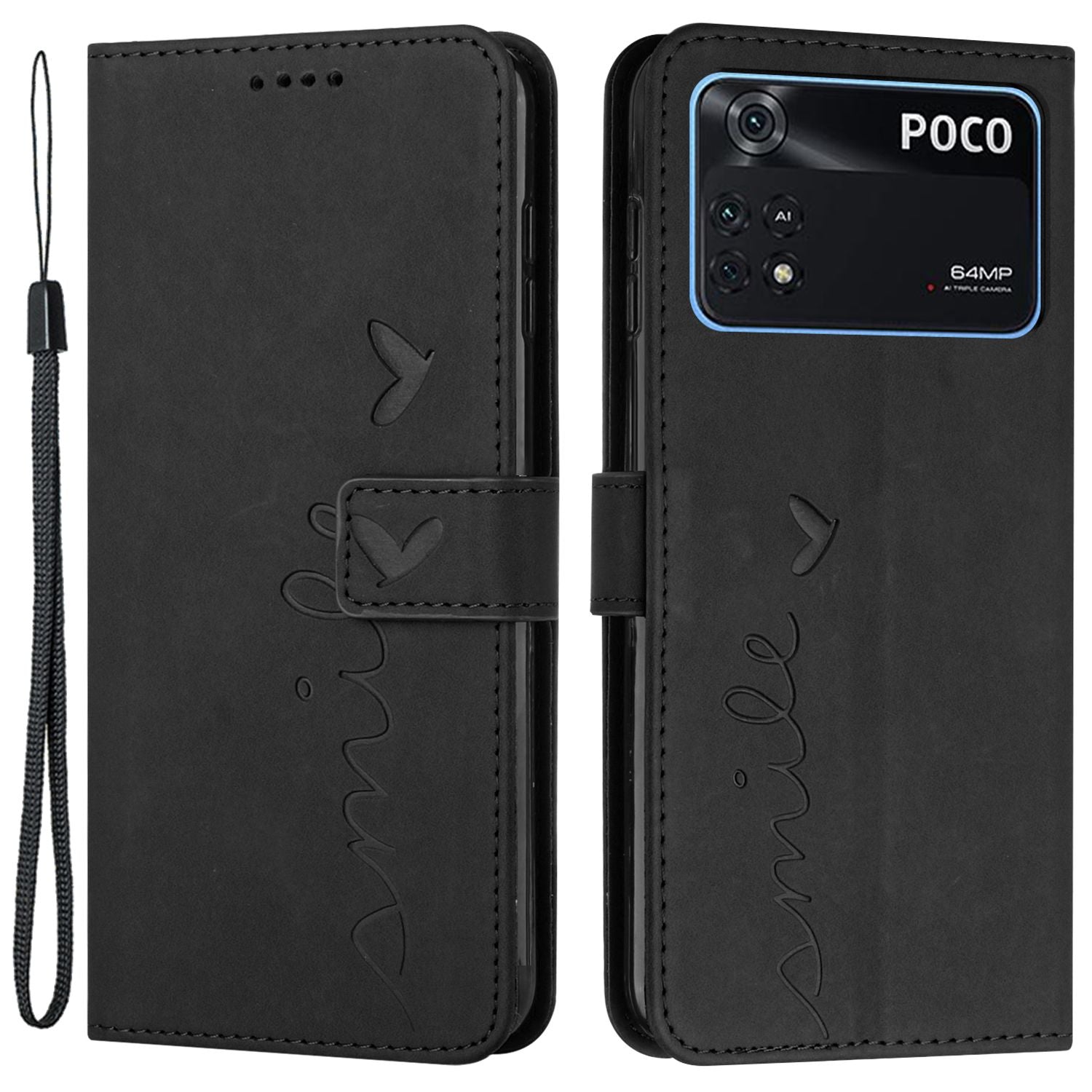 For Xiaomi Poco M4 Pro 4G Heart Shape Imprinted Anti-drop Handy Strap Design Case Skin-touch Feeling PU Leather Wallet Magnetic Phone Shell with Stand