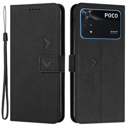 For Xiaomi Poco M4 Pro 4G Heart Shape Imprinted Anti-drop Handy Strap Design Case Skin-touch Feeling PU Leather Wallet Magnetic Phone Shell with Stand
