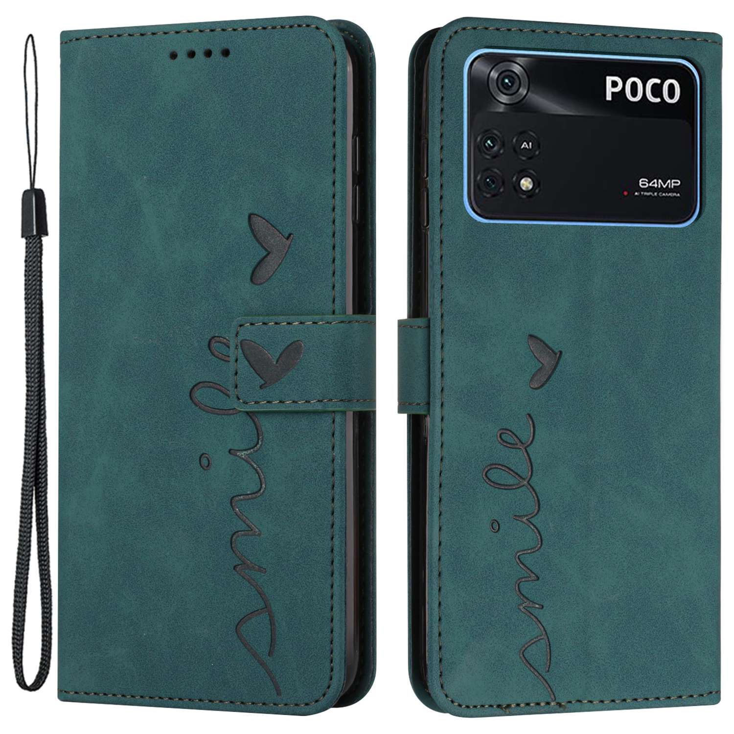 For Xiaomi Poco M4 Pro 4G Heart Shape Imprinted Anti-drop Handy Strap Design Case Skin-touch Feeling PU Leather Wallet Magnetic Phone Shell with Stand