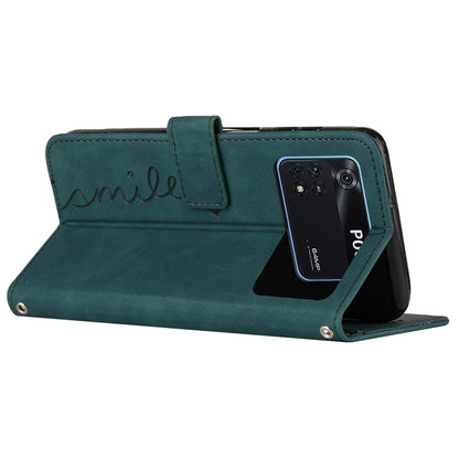 For Xiaomi Poco M4 Pro 4G Heart Shape Imprinted Anti-drop Handy Strap Design Case Skin-touch Feeling PU Leather Wallet Magnetic Phone Shell with Stand