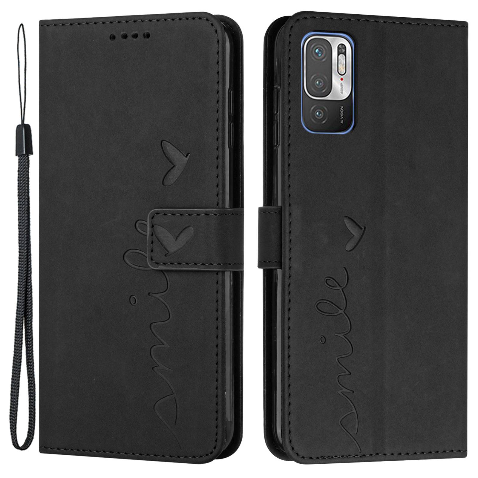 Heart Shape Imprinted Phone Case for Xiaomi Redmi Note 10 5G/Note 10T 5G/Poco M3 Pro 5G/4G Anti-scratch PU Leather Skin-touch Feeling Wallet Stand Shell with Strap