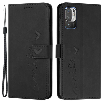Heart Shape Imprinted Phone Case for Xiaomi Redmi Note 10 5G/Note 10T 5G/Poco M3 Pro 5G/4G Anti-scratch PU Leather Skin-touch Feeling Wallet Stand Shell with Strap