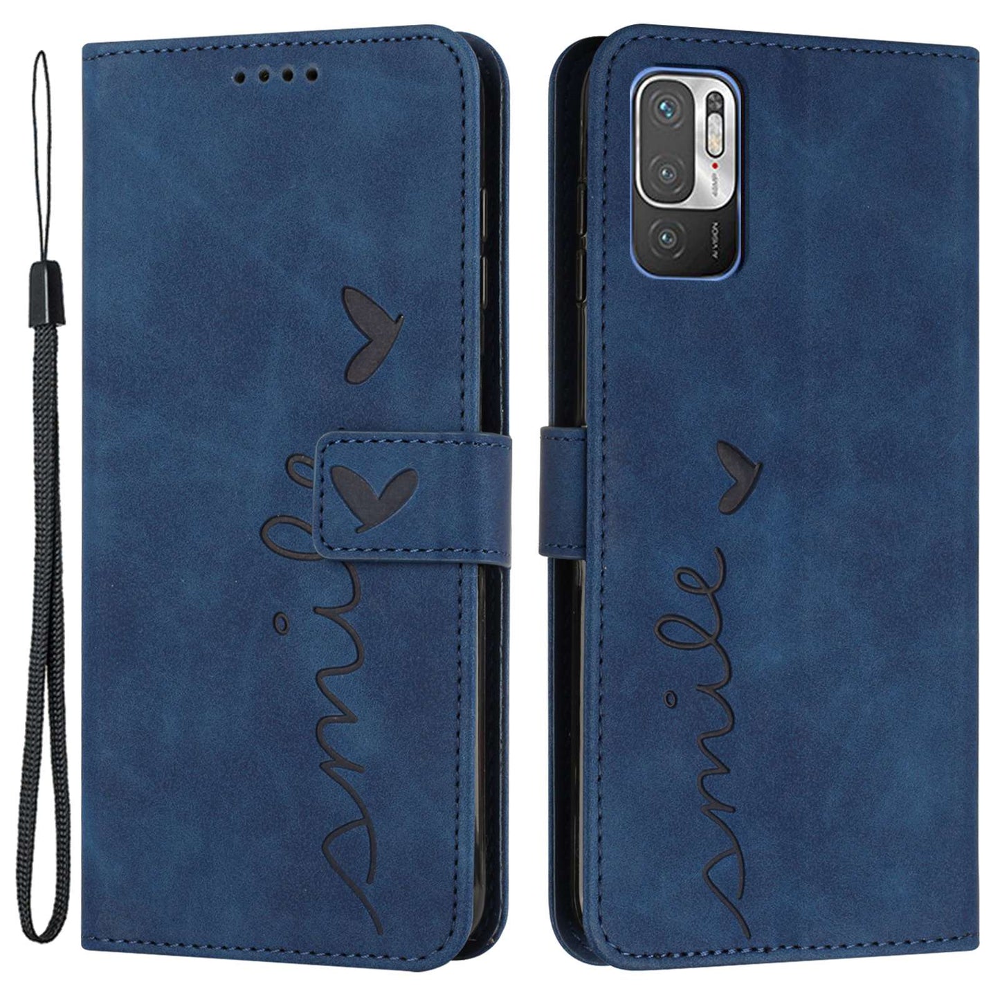 Heart Shape Imprinted Phone Case for Xiaomi Redmi Note 10 5G/Note 10T 5G/Poco M3 Pro 5G/4G Anti-scratch PU Leather Skin-touch Feeling Wallet Stand Shell with Strap