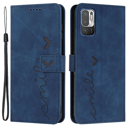 Heart Shape Imprinted Phone Case for Xiaomi Redmi Note 10 5G/Note 10T 5G/Poco M3 Pro 5G/4G Anti-scratch PU Leather Skin-touch Feeling Wallet Stand Shell with Strap