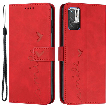 Heart Shape Imprinted Phone Case for Xiaomi Redmi Note 10 5G/Note 10T 5G/Poco M3 Pro 5G/4G Anti-scratch PU Leather Skin-touch Feeling Wallet Stand Shell with Strap