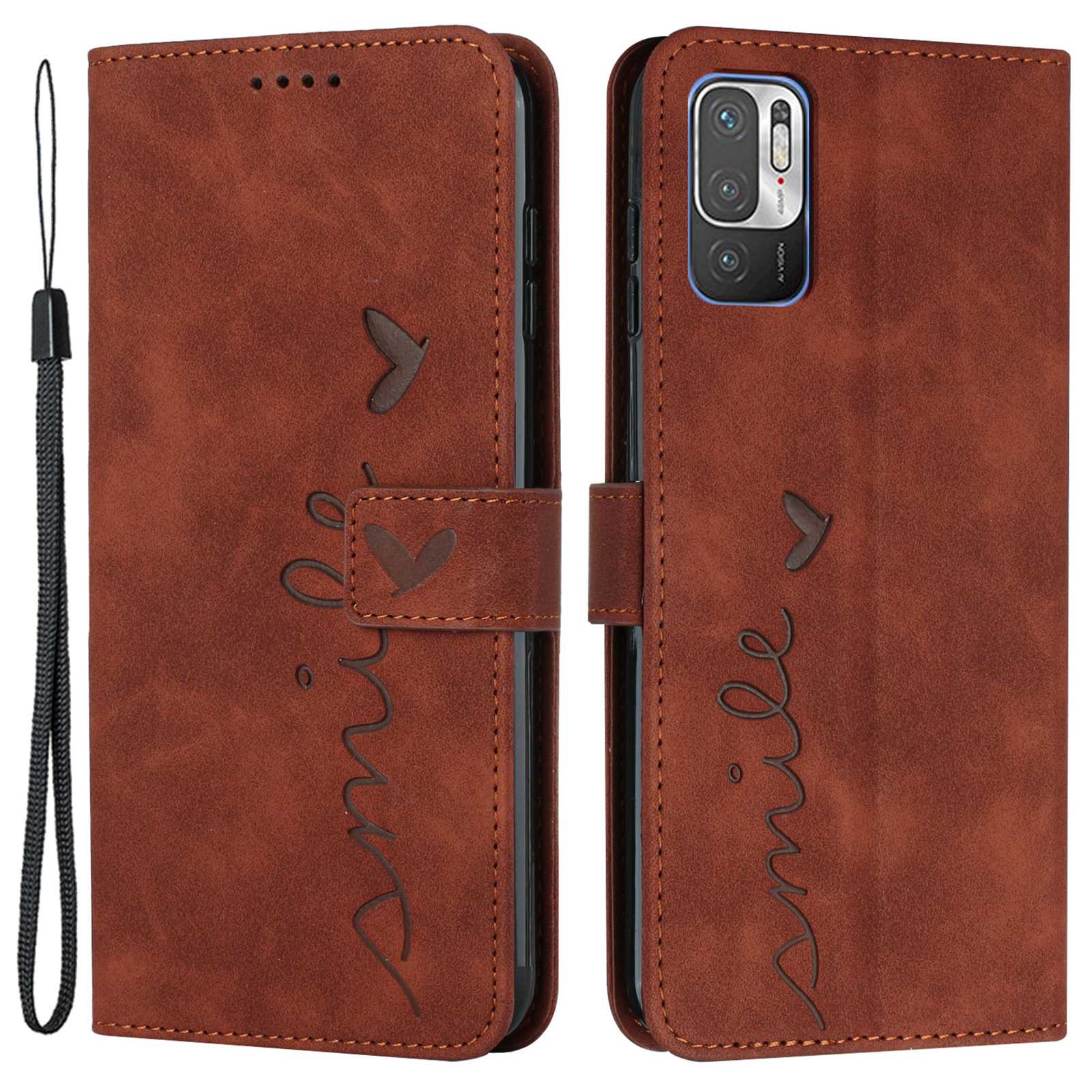Heart Shape Imprinted Phone Case for Xiaomi Redmi Note 10 5G/Note 10T 5G/Poco M3 Pro 5G/4G Anti-scratch PU Leather Skin-touch Feeling Wallet Stand Shell with Strap