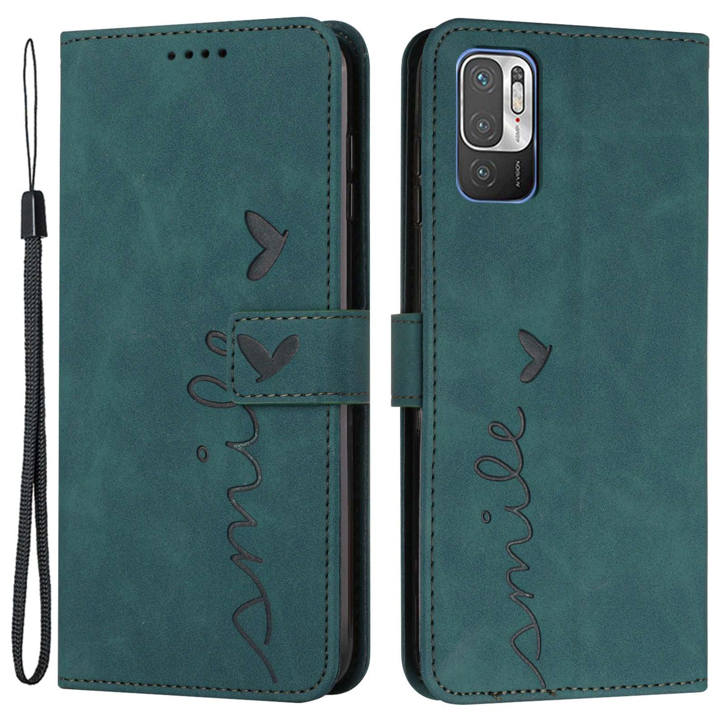 Heart Shape Imprinted Phone Case for Xiaomi Redmi Note 10 5G/Note 10T 5G/Poco M3 Pro 5G/4G Anti-scratch PU Leather Skin-touch Feeling Wallet Stand Shell with Strap