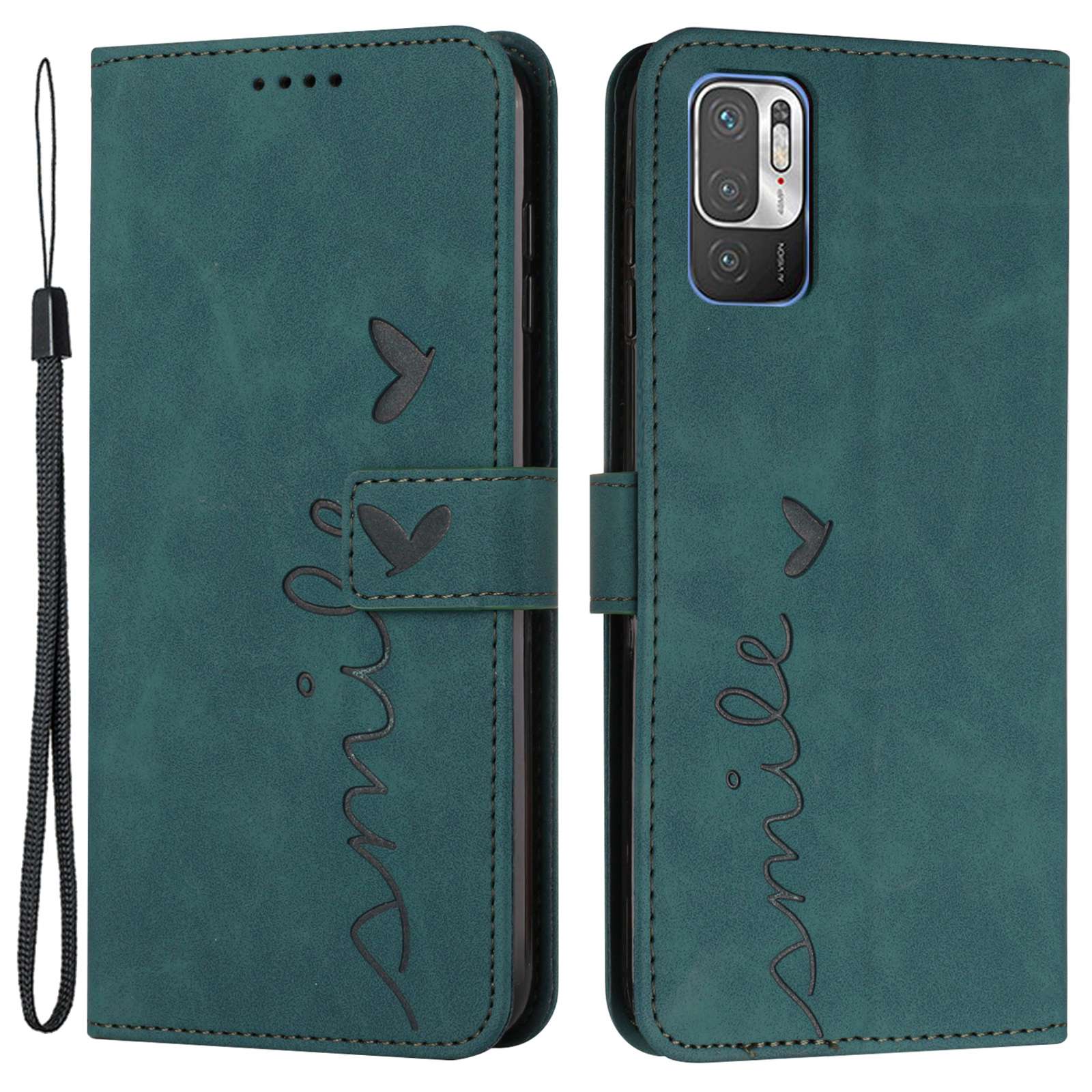Heart Shape Imprinted Phone Case for Xiaomi Redmi Note 10 5G/Note 10T 5G/Poco M3 Pro 5G/4G Anti-scratch PU Leather Skin-touch Feeling Wallet Stand Shell with Strap