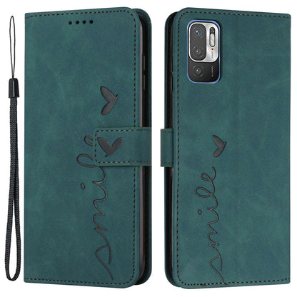 Heart Shape Imprinted Phone Case for Xiaomi Redmi Note 10 5G/Note 10T 5G/Poco M3 Pro 5G/4G Anti-scratch PU Leather Skin-touch Feeling Wallet Stand Shell with Strap