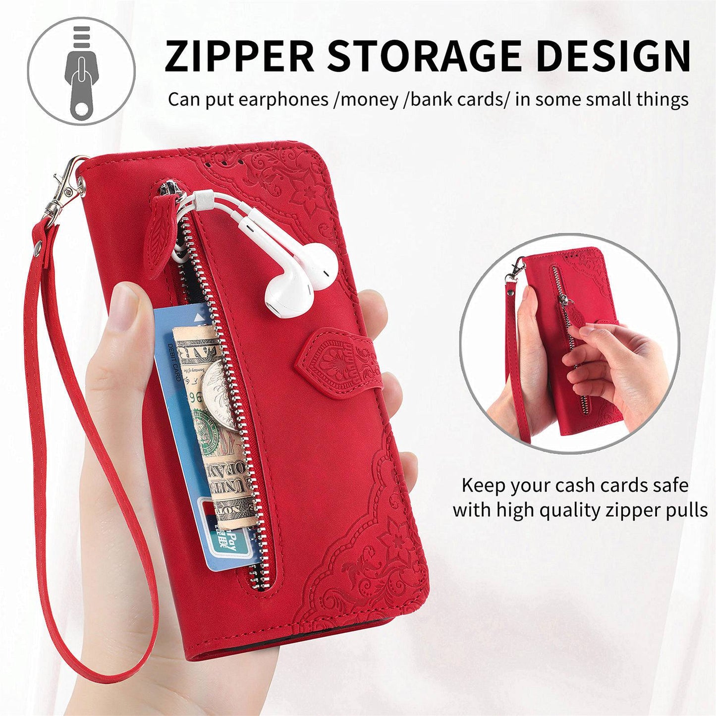 For Samsung Galaxy A13 4G Folio Flip Imprinted Leather Phone Case Zipper Pocket Design Wallet Protector with Stand