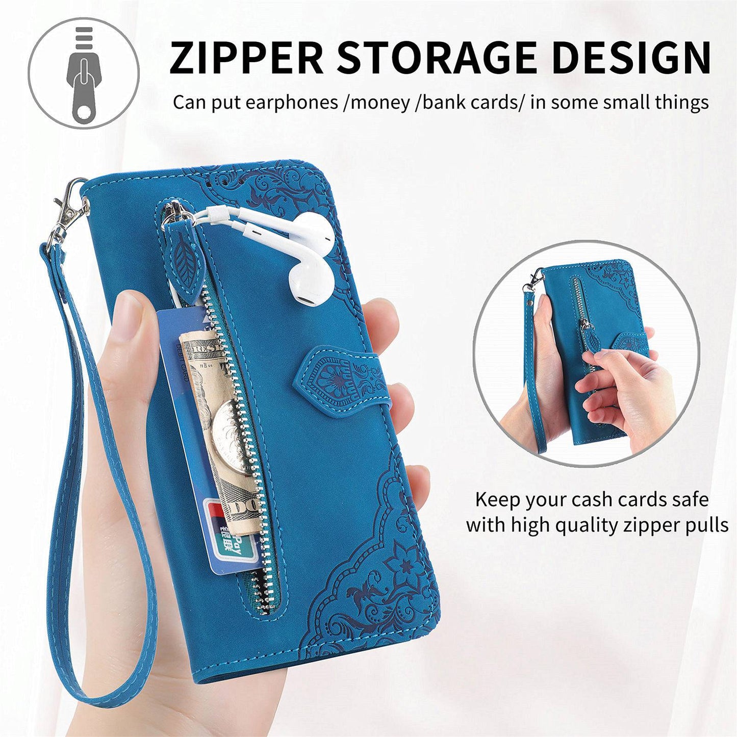 For Samsung Galaxy A13 4G Folio Flip Imprinted Leather Phone Case Zipper Pocket Design Wallet Protector with Stand