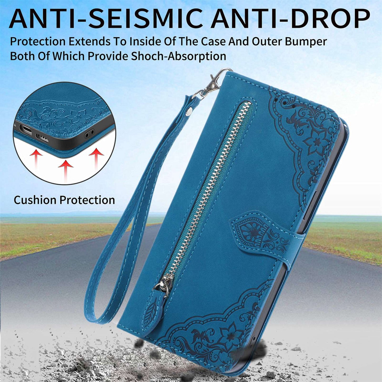 For Samsung Galaxy A13 4G Folio Flip Imprinted Leather Phone Case Zipper Pocket Design Wallet Protector with Stand