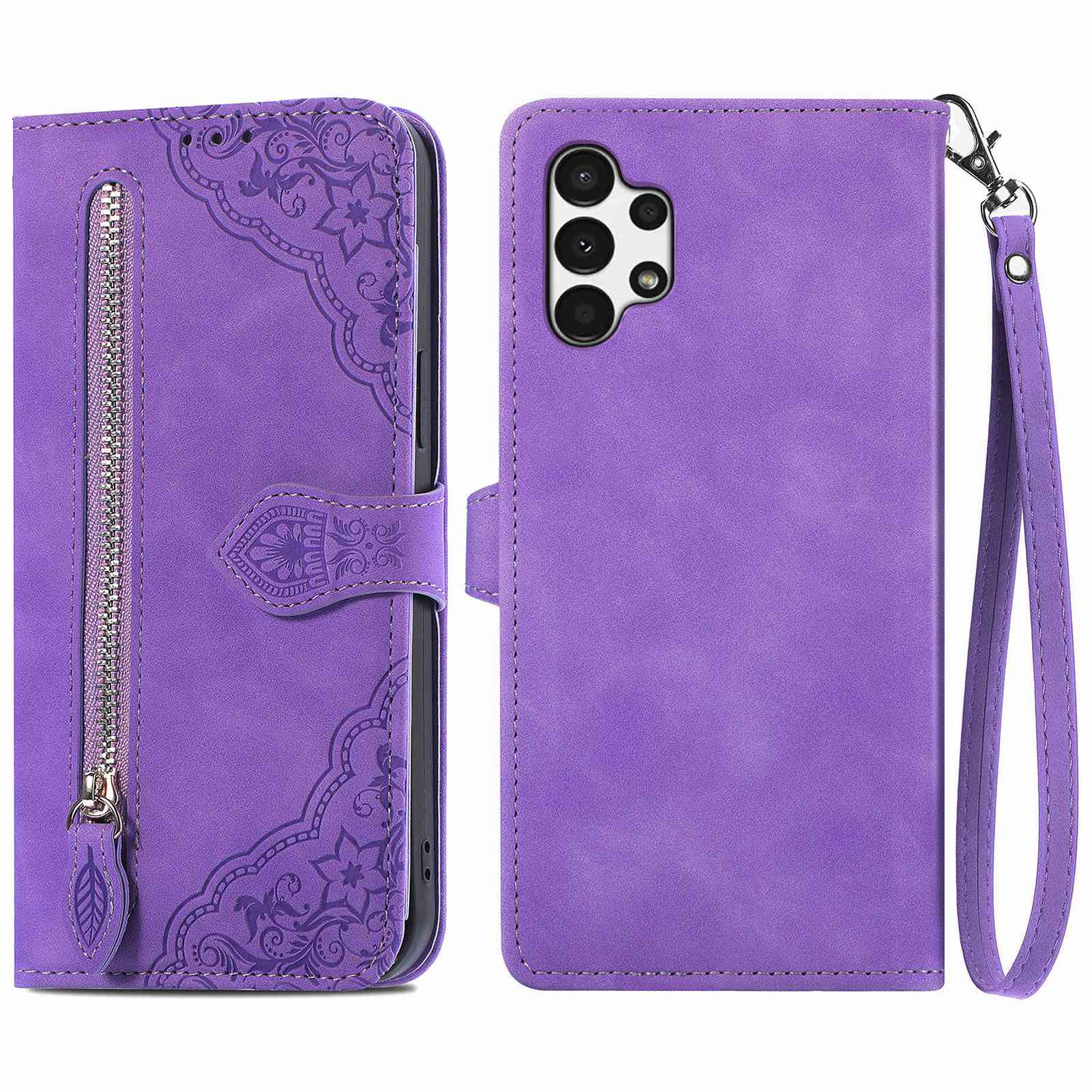 For Samsung Galaxy A13 4G Folio Flip Imprinted Leather Phone Case Zipper Pocket Design Wallet Protector with Stand