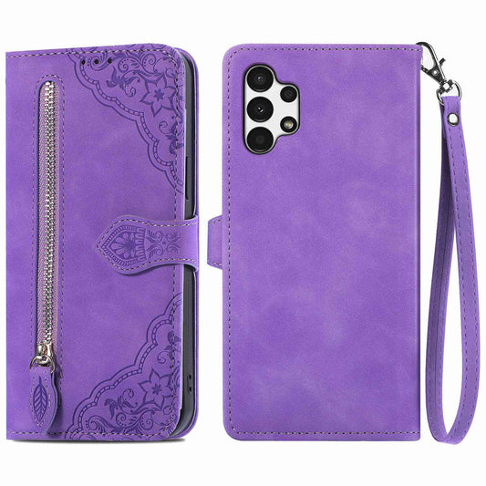 For Samsung Galaxy A13 4G Folio Flip Imprinted Leather Phone Case Zipper Pocket Design Wallet Protector with Stand