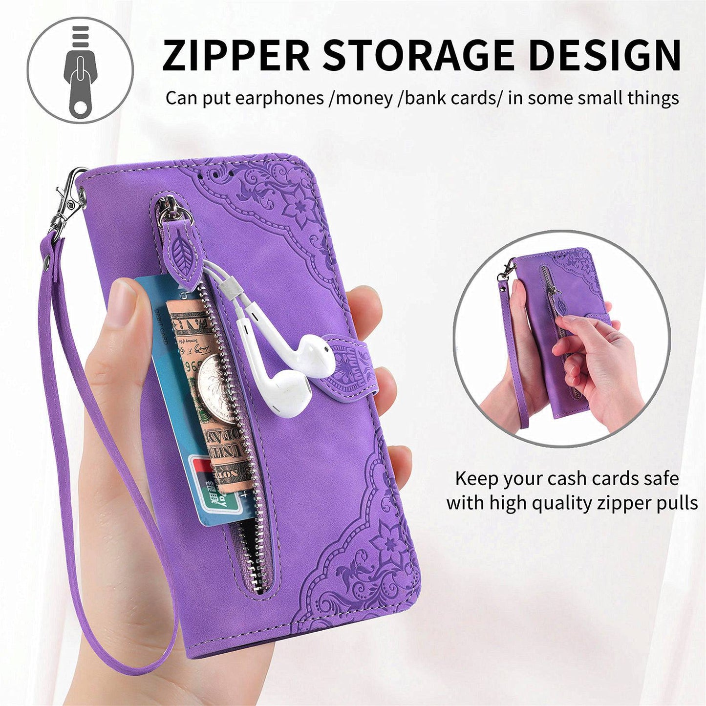 For Samsung Galaxy A13 4G Folio Flip Imprinted Leather Phone Case Zipper Pocket Design Wallet Protector with Stand