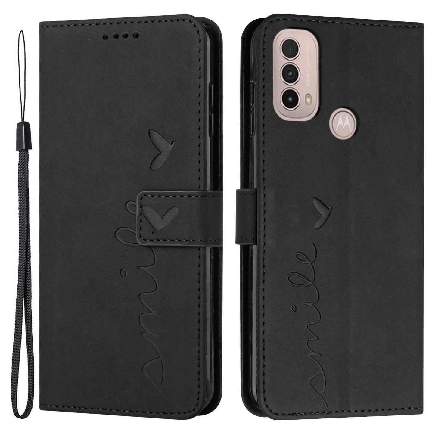 For Motorola Moto E20/E30/E40 Skin-touch Heart Shape Imprinted Leather Phone Case with Stand Wallet