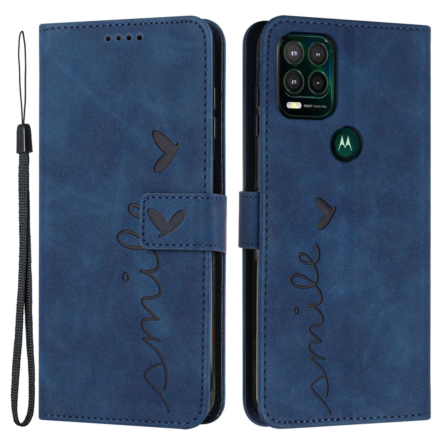 For Motorola Moto G Stylus 5G (2021) Skin-touch Feeling Heart Shape Imprinted Phone Case Anti-fall PU Leather Wallet Stand Shell with Strap