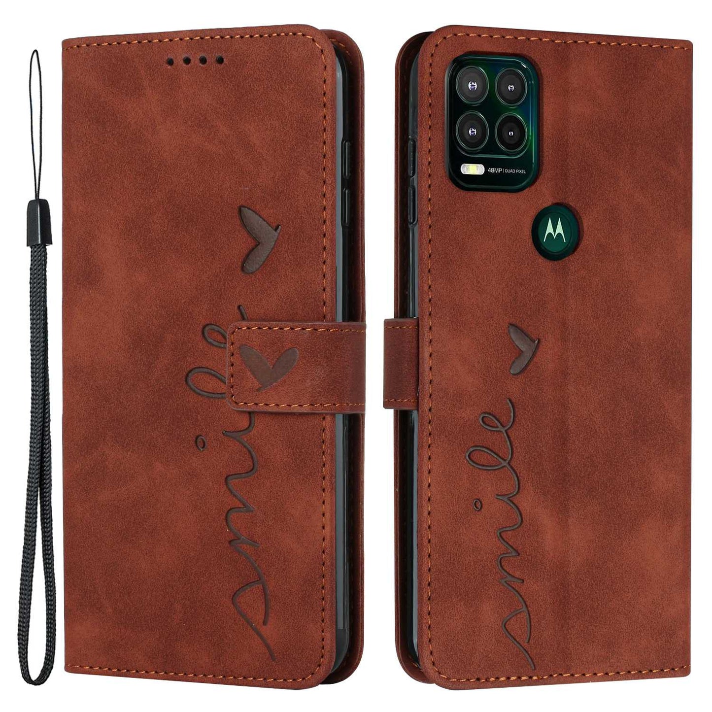 For Motorola Moto G Stylus 5G (2021) Skin-touch Feeling Heart Shape Imprinted Phone Case Anti-fall PU Leather Wallet Stand Shell with Strap