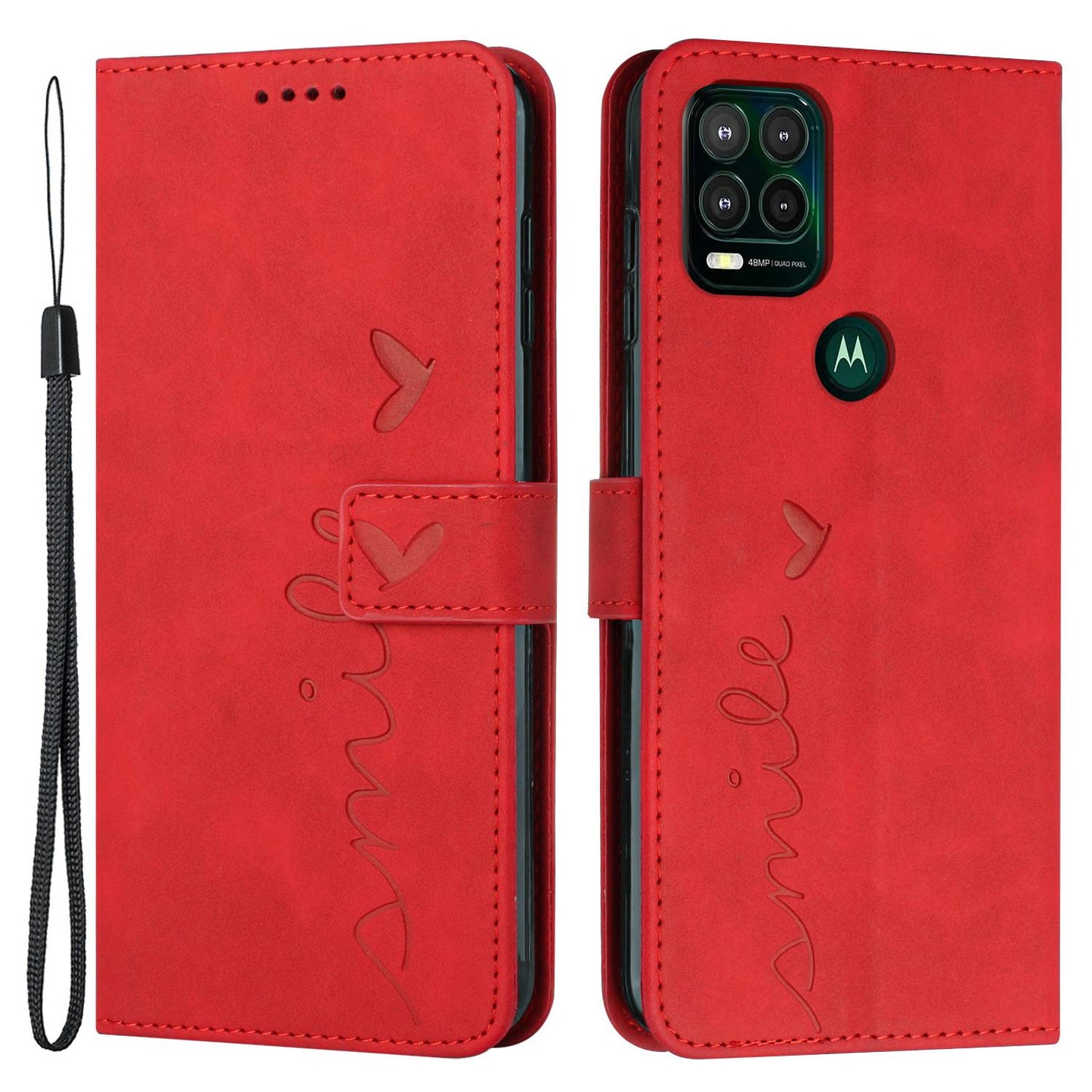 For Motorola Moto G Stylus 5G (2021) Skin-touch Feeling Heart Shape Imprinted Phone Case Anti-fall PU Leather Wallet Stand Shell with Strap