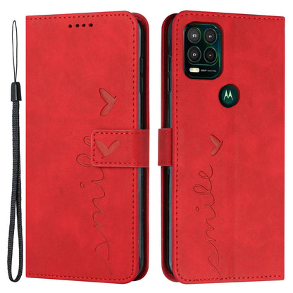 For Motorola Moto G Stylus 5G (2021) Skin-touch Feeling Heart Shape Imprinted Phone Case Anti-fall PU Leather Wallet Stand Shell with Strap
