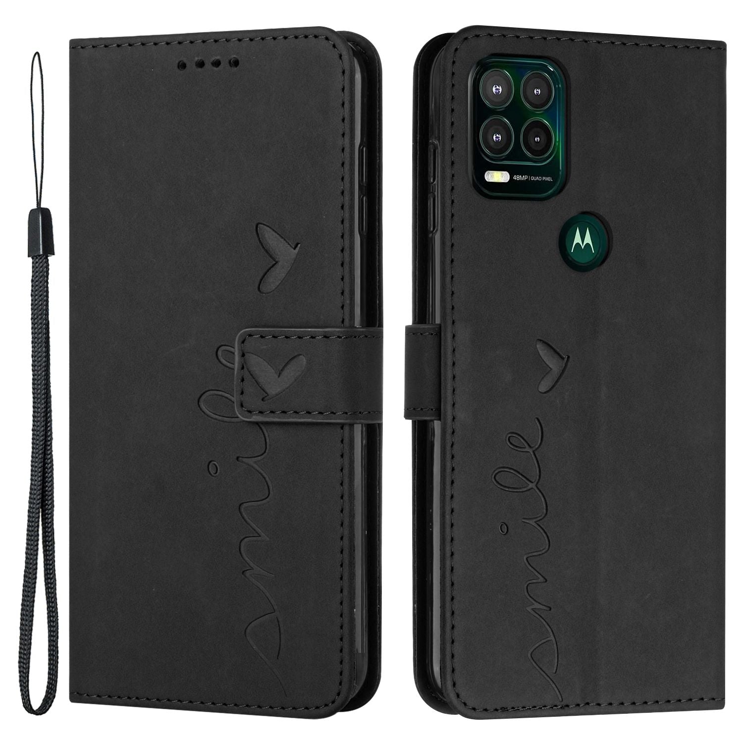 For Motorola Moto G Stylus 5G (2021) Skin-touch Feeling Heart Shape Imprinted Phone Case Anti-fall PU Leather Wallet Stand Shell with Strap