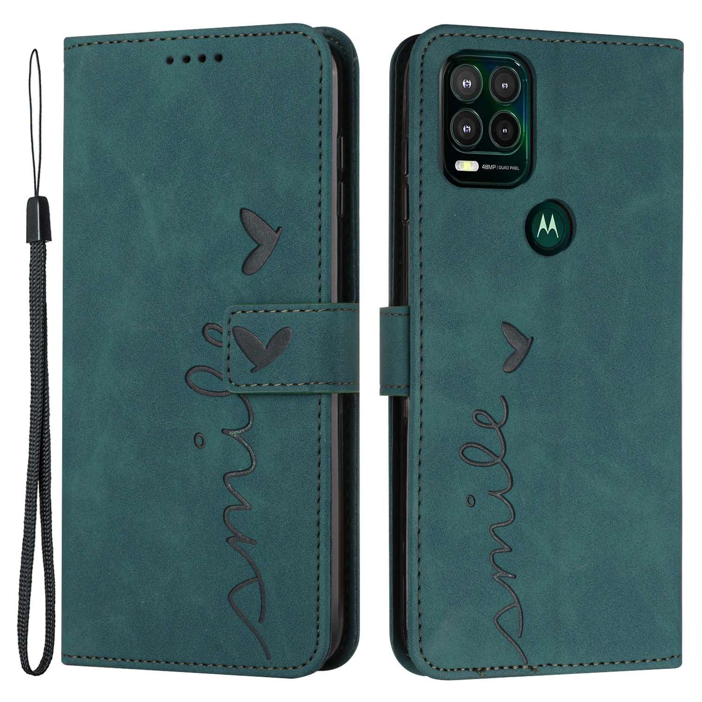 For Motorola Moto G Stylus 5G (2021) Skin-touch Feeling Heart Shape Imprinted Phone Case Anti-fall PU Leather Wallet Stand Shell with Strap