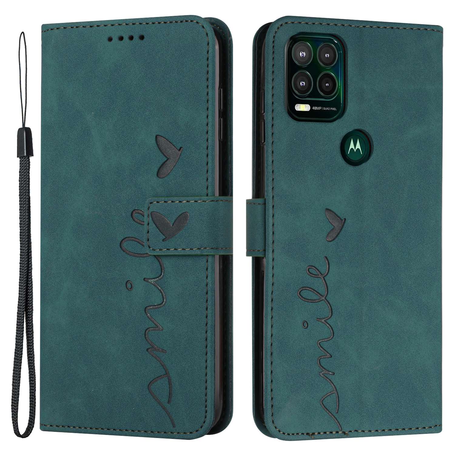 For Motorola Moto G Stylus 5G (2021) Skin-touch Feeling Heart Shape Imprinted Phone Case Anti-fall PU Leather Wallet Stand Shell with Strap