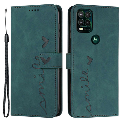 For Motorola Moto G Stylus 5G (2021) Skin-touch Feeling Heart Shape Imprinted Phone Case Anti-fall PU Leather Wallet Stand Shell with Strap