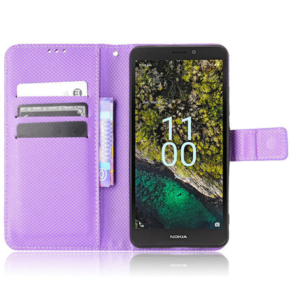For Nokia C100 4G Diamond Texture Stand Wallet Phone Case PU Leather + TPU Full Protection Cover