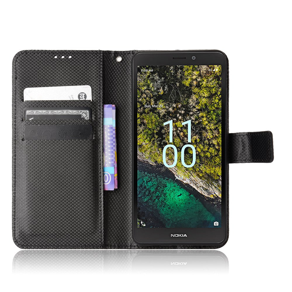For Nokia C100 4G Diamond Texture Stand Wallet Phone Case PU Leather + TPU Full Protection Cover