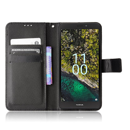 For Nokia C100 4G Diamond Texture Stand Wallet Phone Case PU Leather + TPU Full Protection Cover