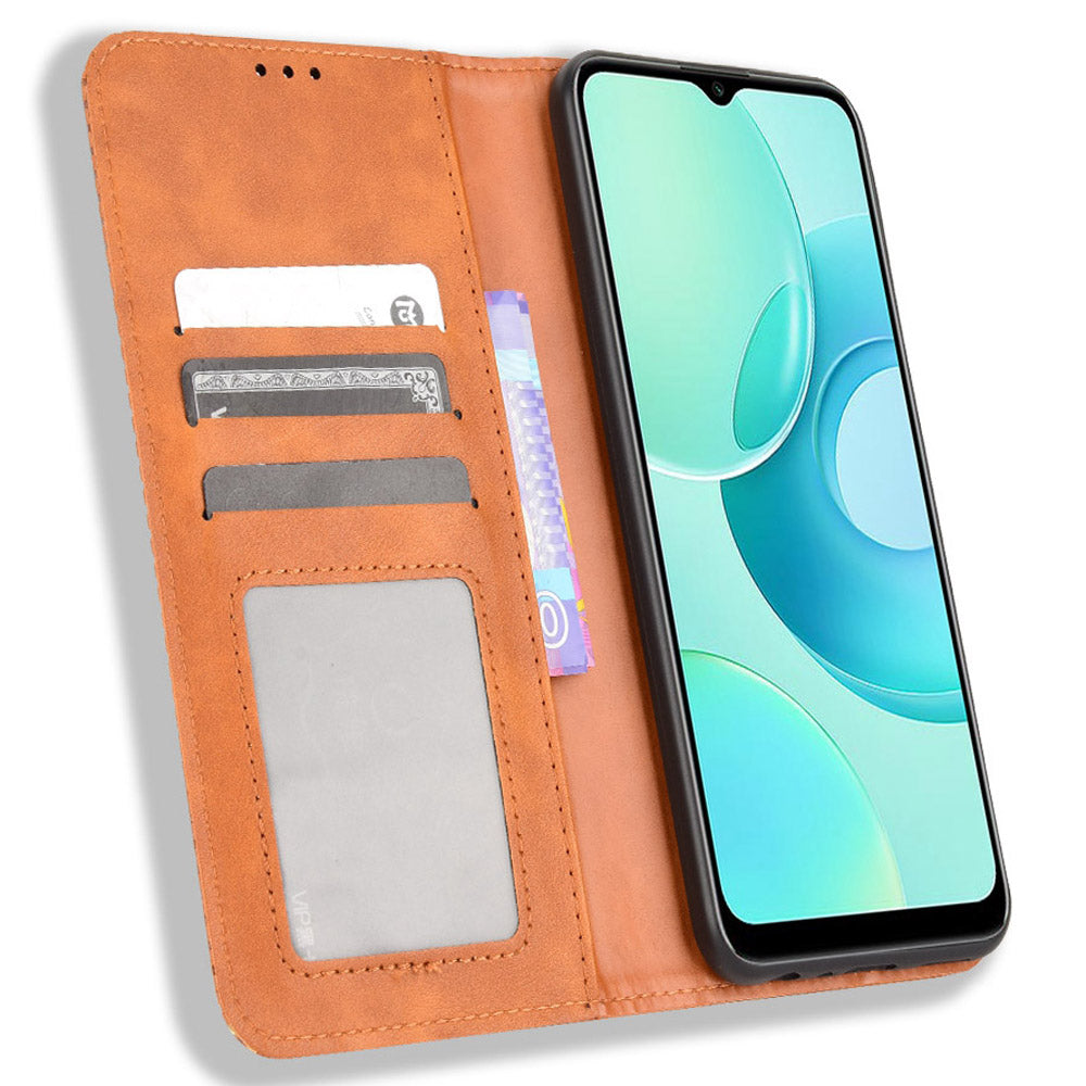 For Wiko T10 4G Retro Texture Magnetic Auto-absorbed Phone Drop-proof Case PU Leather Wallet Stand Cover