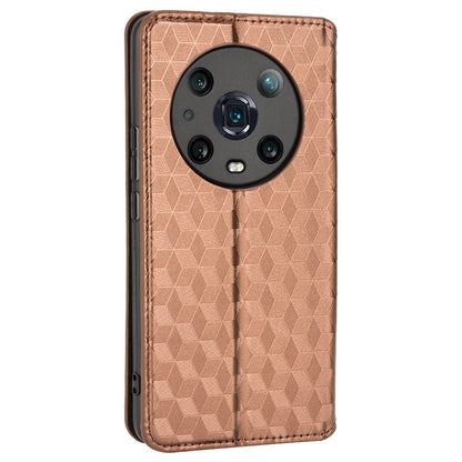 For Honor Magic4 Pro 5G Imprinted Rhombus Pattern Phone Cover PU Leather Magnetic Design Stand Wallet Case