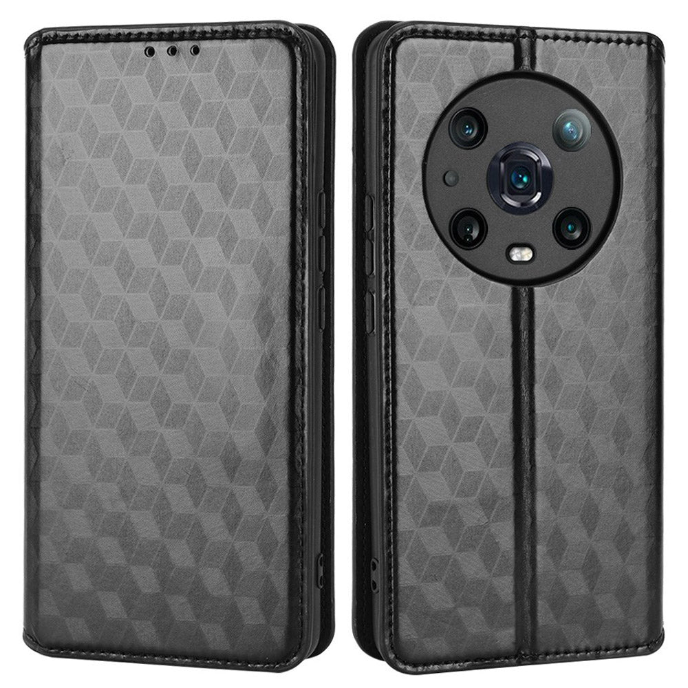 For Honor Magic4 Pro 5G Imprinted Rhombus Pattern Phone Cover PU Leather Magnetic Design Stand Wallet Case