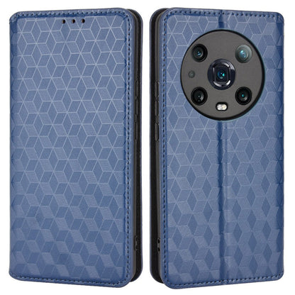 For Honor Magic4 Pro 5G Imprinted Rhombus Pattern Phone Cover PU Leather Magnetic Design Stand Wallet Case