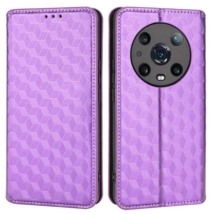 For Honor Magic4 Pro 5G Imprinted Rhombus Pattern Phone Cover PU Leather Magnetic Design Stand Wallet Case