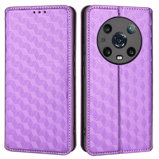 For Honor Magic4 Pro 5G Imprinted Rhombus Pattern Phone Cover PU Leather Magnetic Design Stand Wallet Case