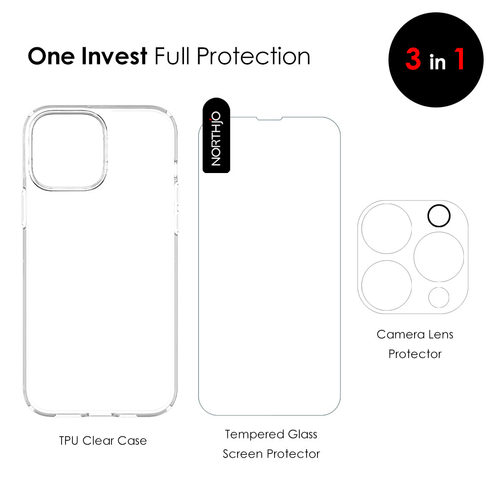 NORTHJO For iPhone 13 Pro 6.1 inch Transparent TPU Phone Case with 9H Tempered Glass Rear Lens Cover Screen Protector