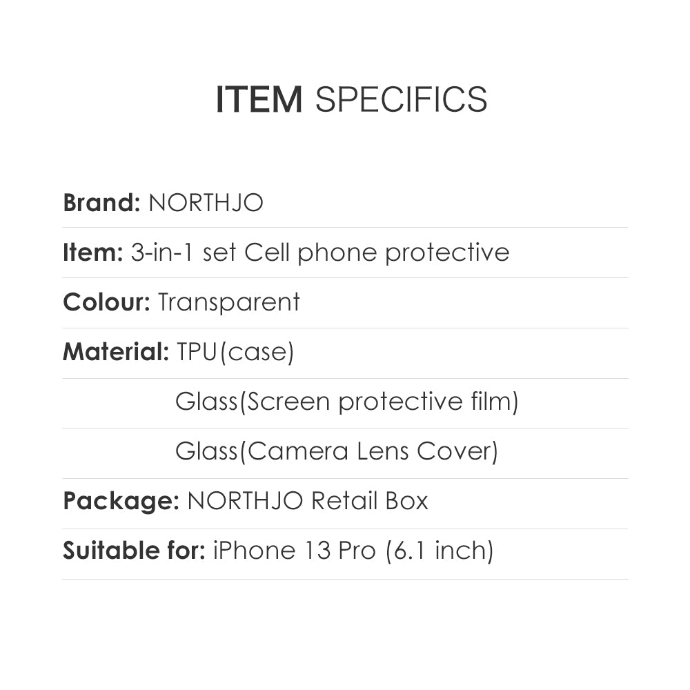NORTHJO For iPhone 13 Pro 6.1 inch Transparent TPU Phone Case with 9H Tempered Glass Rear Lens Cover Screen Protector