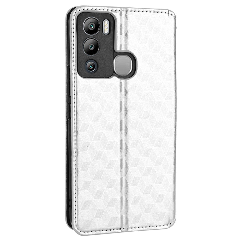 For Infinix Hot 12i 4G X665 Imprinted Rhombus Pattern Magnetic Absorption Leather Case Viewing Stand Shockproof Flip Wallet Cover