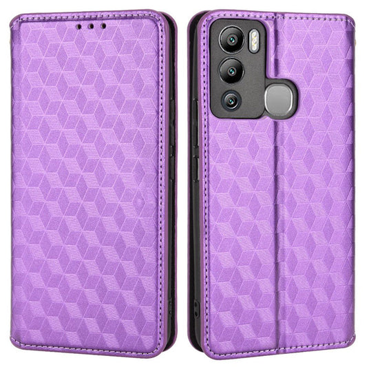 For Infinix Hot 12i 4G X665 Imprinted Rhombus Pattern Magnetic Absorption Leather Case Viewing Stand Shockproof Flip Wallet Cover